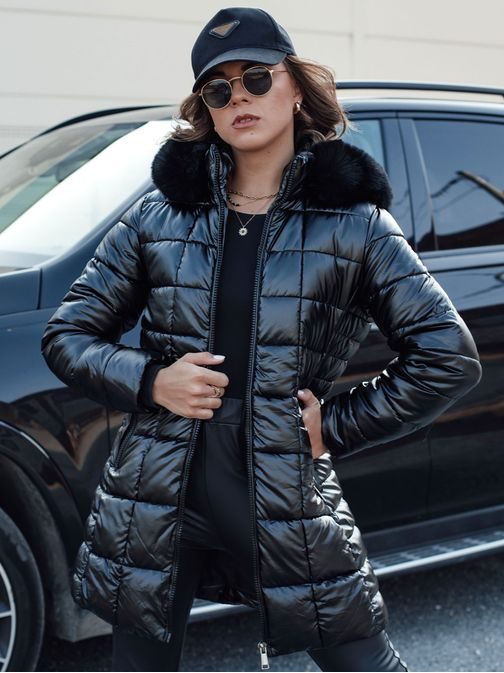 Prešívaná dámska čierna zimná bunda s čiernou kožušinkou Winterzip