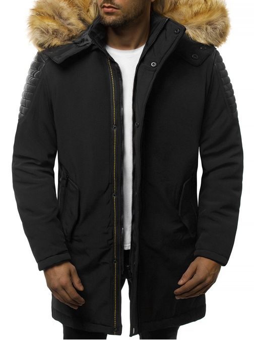 Trendy čierna bunda s hnedou kožušinkou N/5833