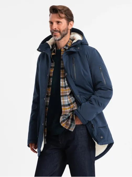 Trendy tmavo modrá pánska parka na zimu V2 JALJ-0181