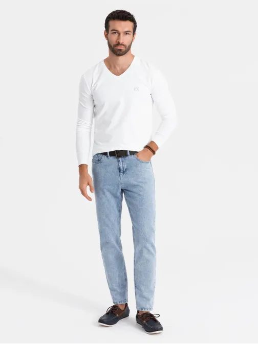 Trendy biele tričko s dlhým rukávom s V-výstrihom, s logom V2 LSBC-0123