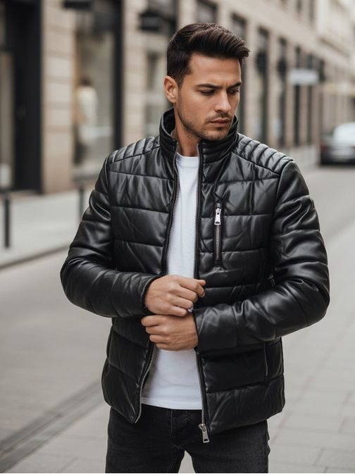 Zateplená čierna pánska bunda moderného dizajnu