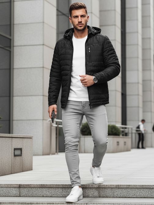 Prechodná nadčasová čierna bunda s kapucňou