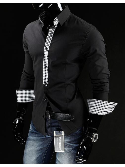 Čierna pánska košeľa s kockovaným vzorom