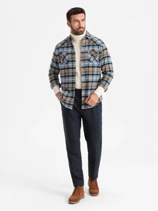 Štýlová flanelová károvaná šedo žltá košeľa V1 SHCS-0149