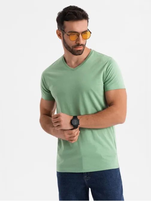 Basic bavlnené zelené tričko s V-výstrihom V11 TSBS-0237