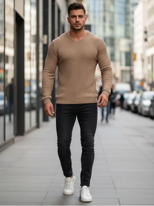 Béžový pánsky sveter s výstrihom