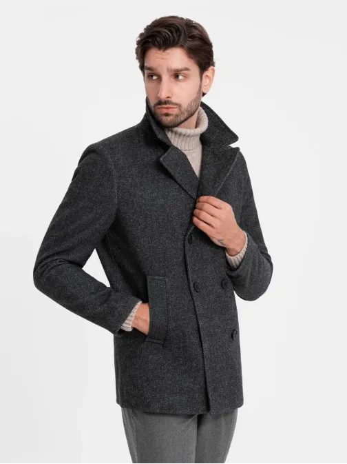 Trendy grafitový pánsky kabát zaujímavého strihu  V1 COWC-0115