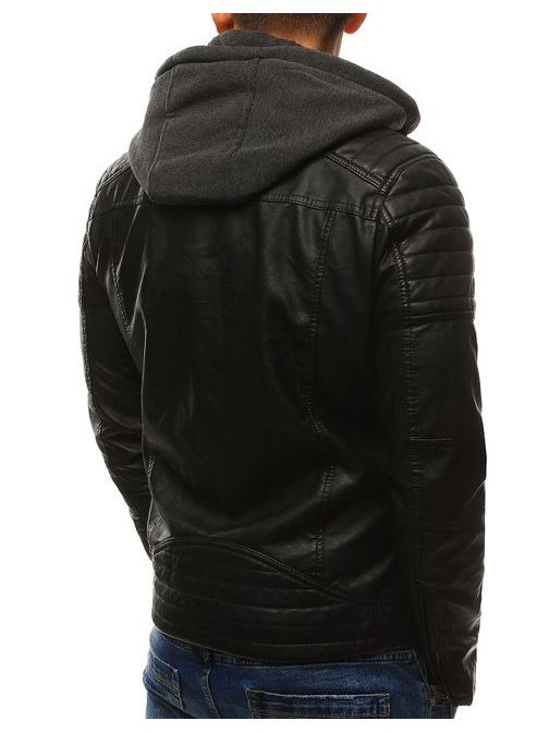 Štýlová čierna koženková bunda s kapucňou