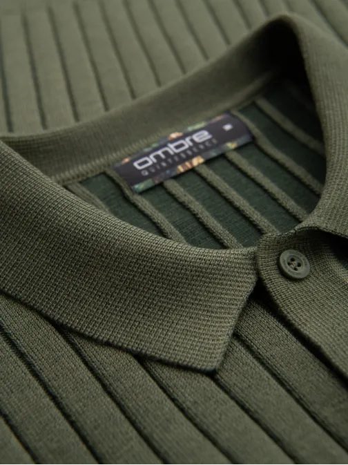 Pánska olivová SLIM FIT pruhovaná polokošeľa V4 POSS-0143