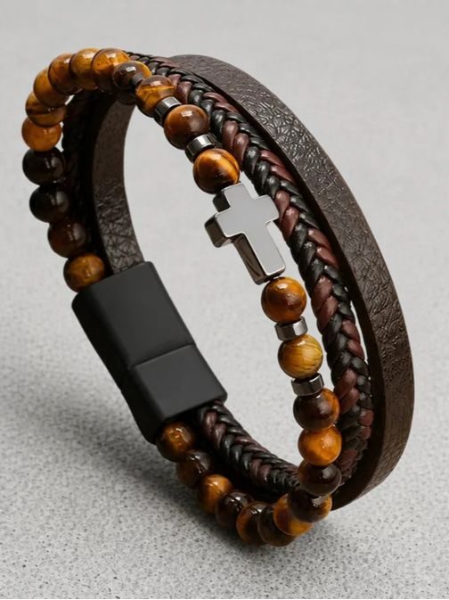Pánsky hnedý náramok s krížom
