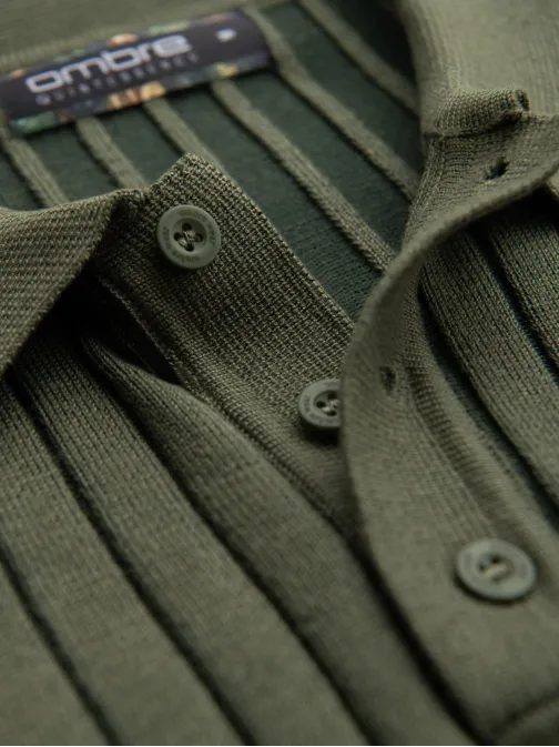 Pánska olivová SLIM FIT pruhovaná polokošeľa V4 POSS-0143