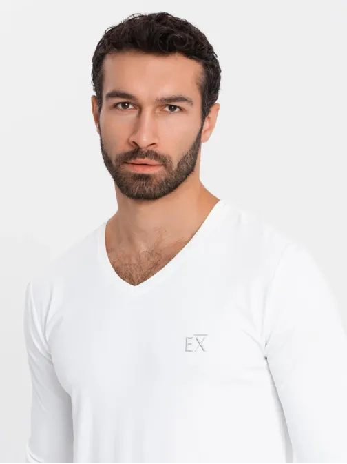 Trendy biele tričko s dlhým rukávom s V-výstrihom, s logom V2 LSBC-0123