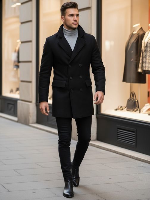 Elegantný čierny kabát s dvojradovým zapínaním