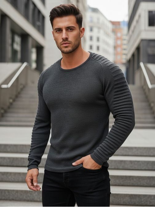 Moderný pánsky sveter so zaujímavými rukávmi šedý