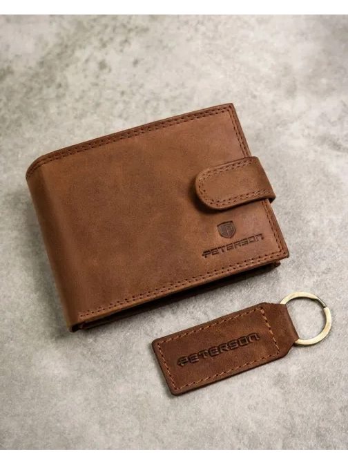 Svetlohnedý kožený set Peterson - peňaženka + kľúčenka