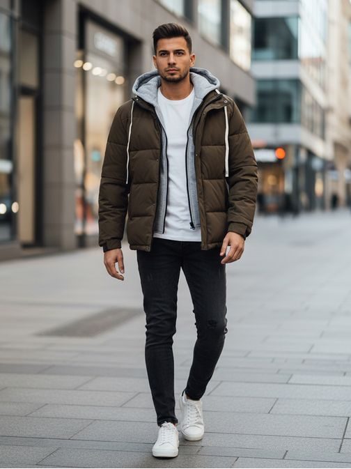 Zaujímavá khaki zimná bunda s kapucňou