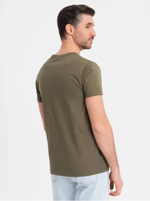 Basic bavlnené olivové tričko s V-výstrihom V6 TSBS-0237