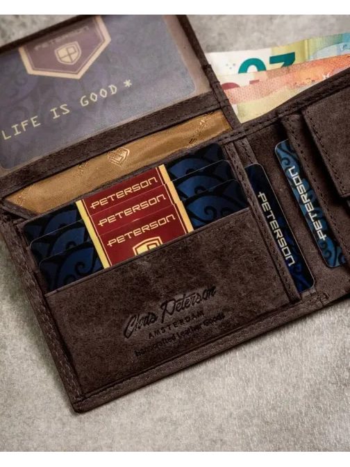 Hnedý kožený set Peterson - peňaženka a kľúčenka