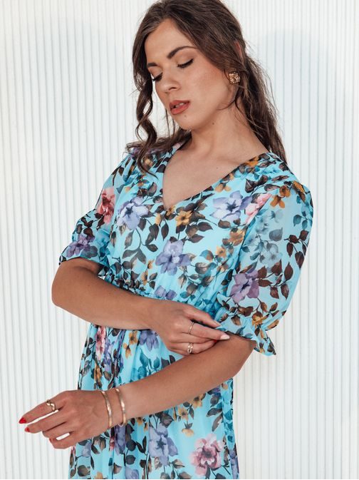 Jedinečné modré šaty s farebnými kvetmi Riviera