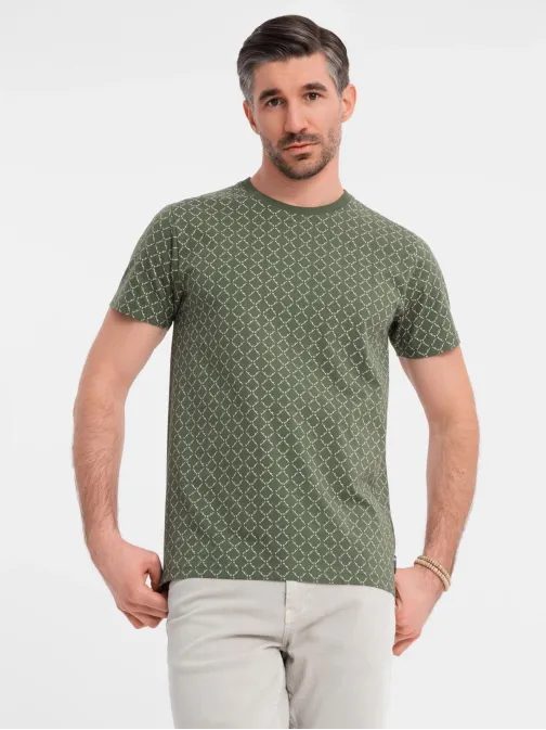 Pánske olivové tričko s trendy potlačou V2 TSFP-0250