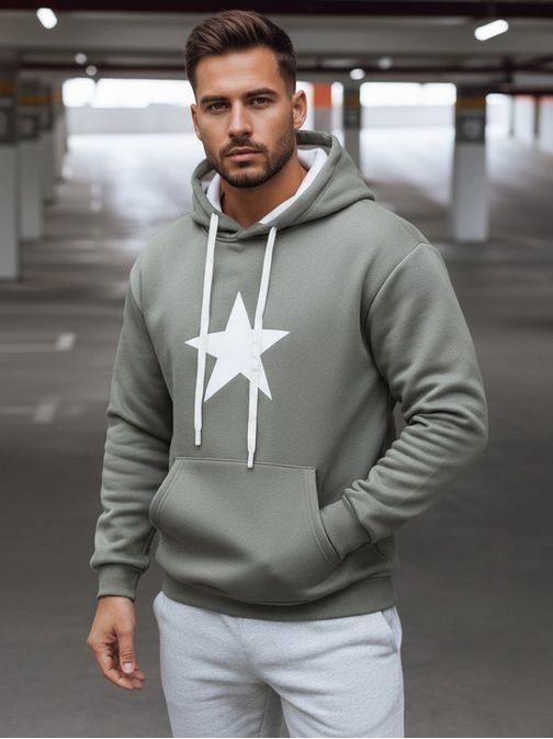 Khaki pánska mikina s potlačou a s kapucňou