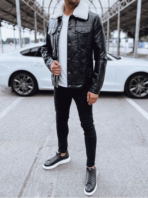 Čierna koženková bunda s výraznou bielou kožušinkou