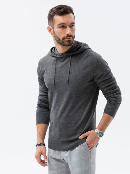 Štýlový šedý melírovaný sveter s kapucňou E187