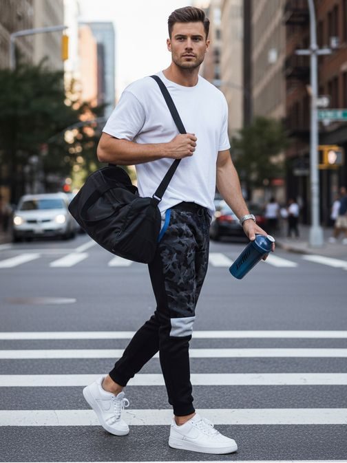 Maskáčové trendové tepláky v čiernej farbe