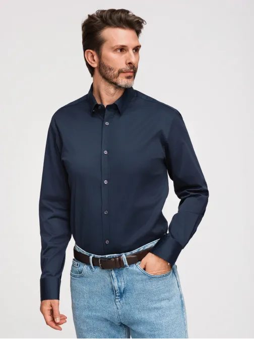 Pánska hladká tmavomodrá FIT SLIM košeľa V3 SHOS-0211