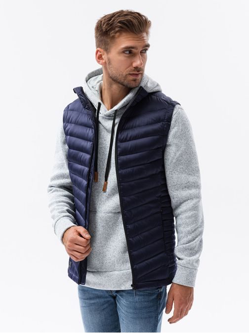 Tmavo-modrá prešívaná vesta bez kapucne V54