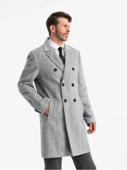Elegantný pánsky šedý dvojradový kabát V1 COWC-0118
