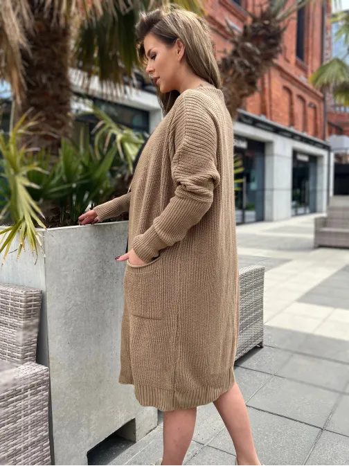 Pletený dlhý dámsky hnedý kardigan ELR027