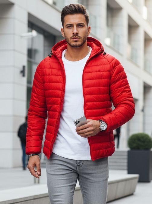 Prešívaná červená prechodná bunda s kapucňou