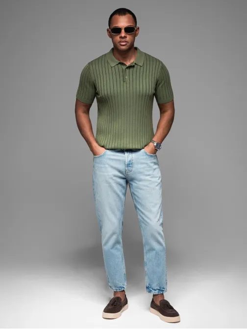 Pánska olivová SLIM FIT pruhovaná polokošeľa V4 POSS-0143