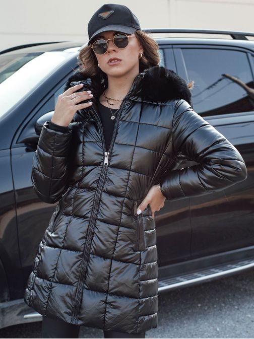 Prešívaná dámska čierna zimná bunda s čiernou kožušinkou Winterzip