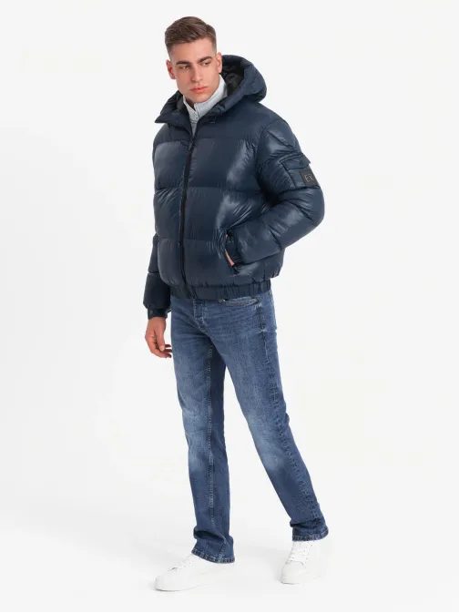 Nadčasová prešívaná lesklá tmavo modrá bunda V2 JAHP-0207