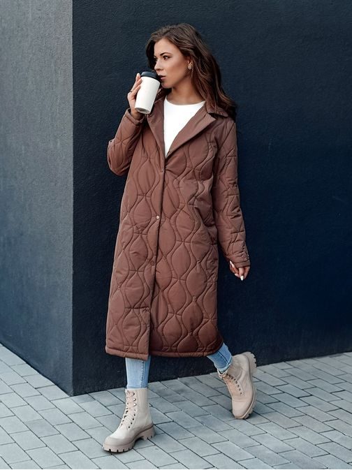 Dámsky dlhý prešívaný hnedý kabát Trendify