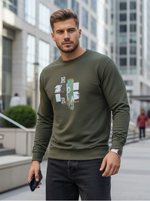 Mikina s trendy potlačou v khaki farbe