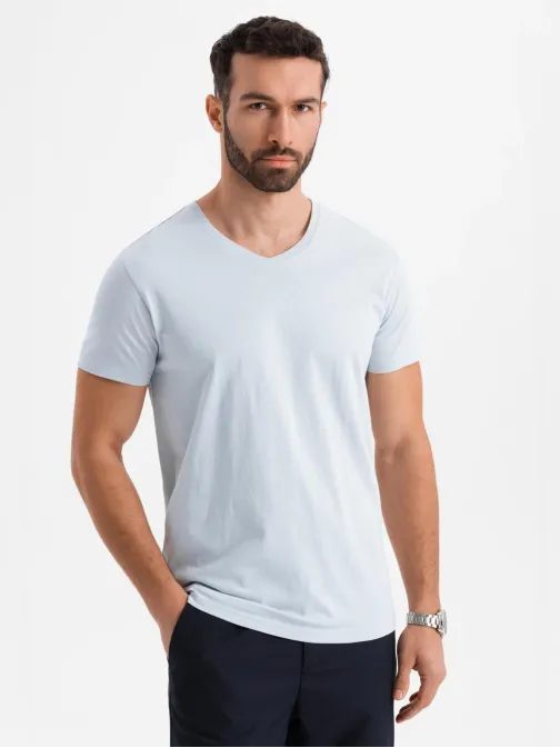 Basic bavlnené šedé tričko s V-výstrihom V23 TSBS-0237