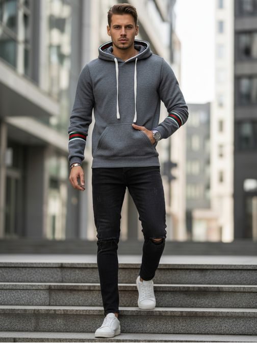 Trendy mikina pre mužov s kapucňou v šedej farbe