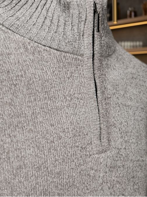 Trendy sivý sveter pre mužov na zips