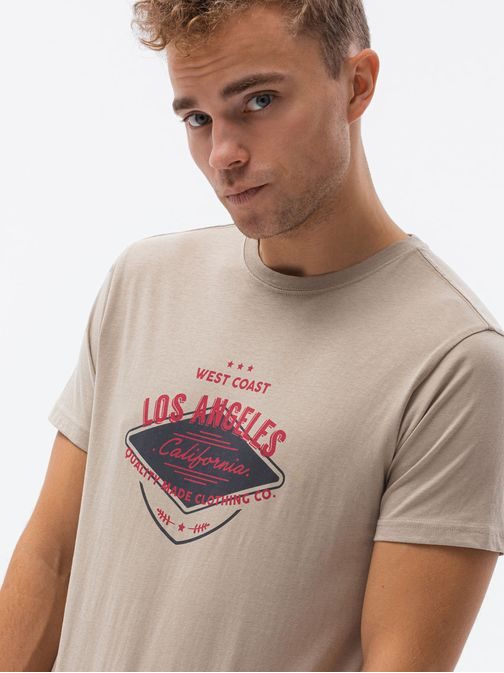 Béžové tričko s krátkym rukávom Los Angeles S1434 V-21D
