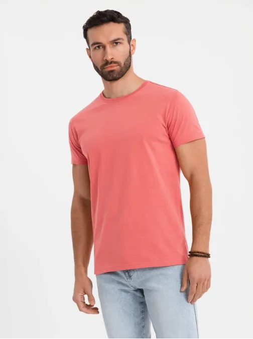 Basic koralové bavlnené tričko s okrúhlym výstrihom V17 TSBS-0236