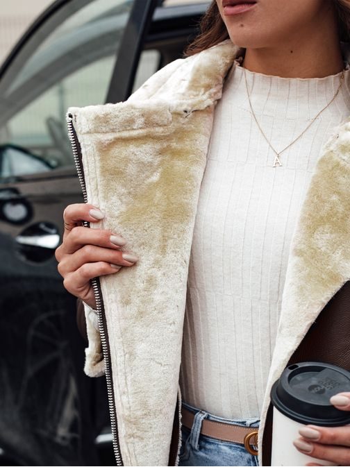 Dámska koženková kávová bunda s kožušinkou Norfdima