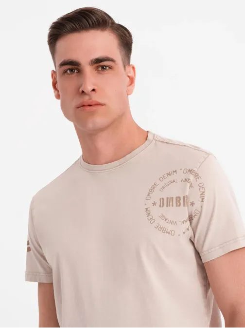 Pánske béžové tričko s trendy nápisom V1 TSFP-0225
