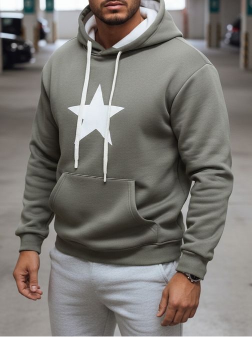 Khaki pánska mikina s potlačou a s kapucňou