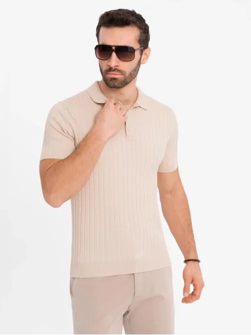 Pánska béžová SLIM FIT pruhovaná polokošeľa V2 POSS-0143