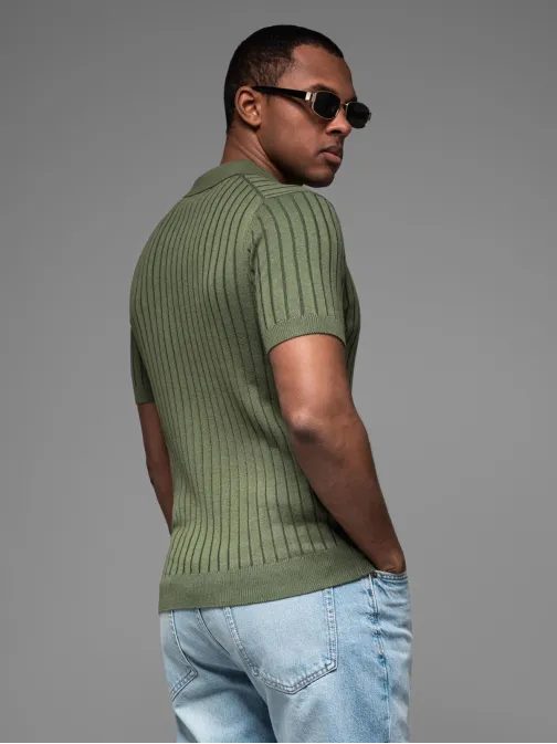 Pánska olivová SLIM FIT pruhovaná polokošeľa V4 POSS-0143