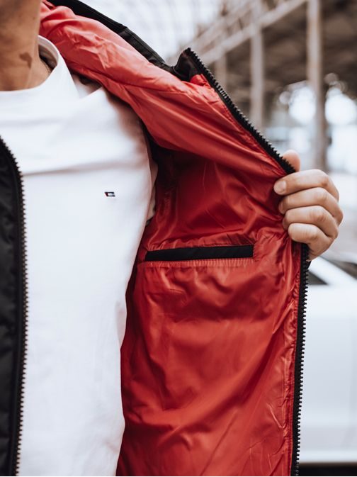 Pánska zimná čierna bunda ladená do červena