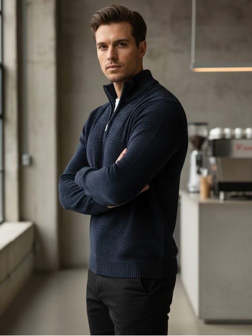 Trendy modrý sveter pre mužov na zips